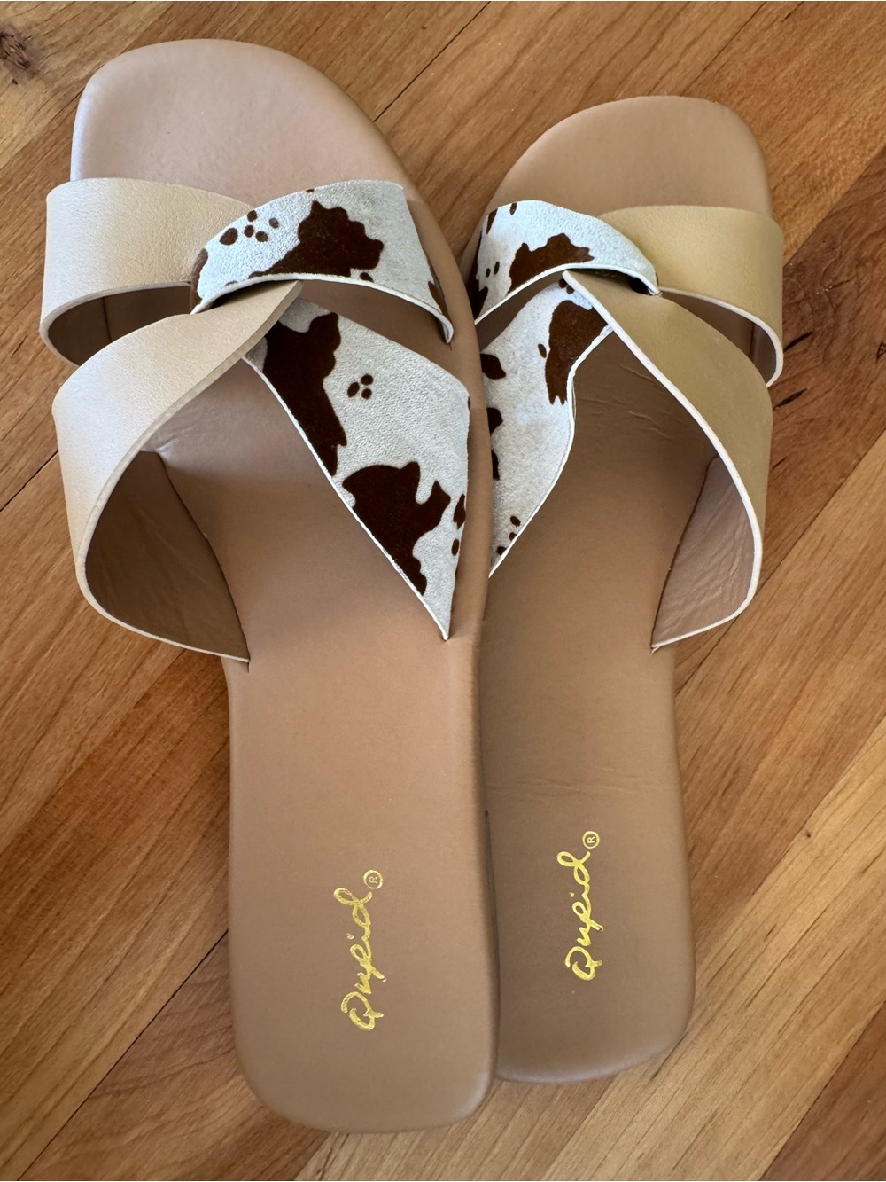 Neutral Cowprint Cross-Strap Slide Sandals - Women size 9